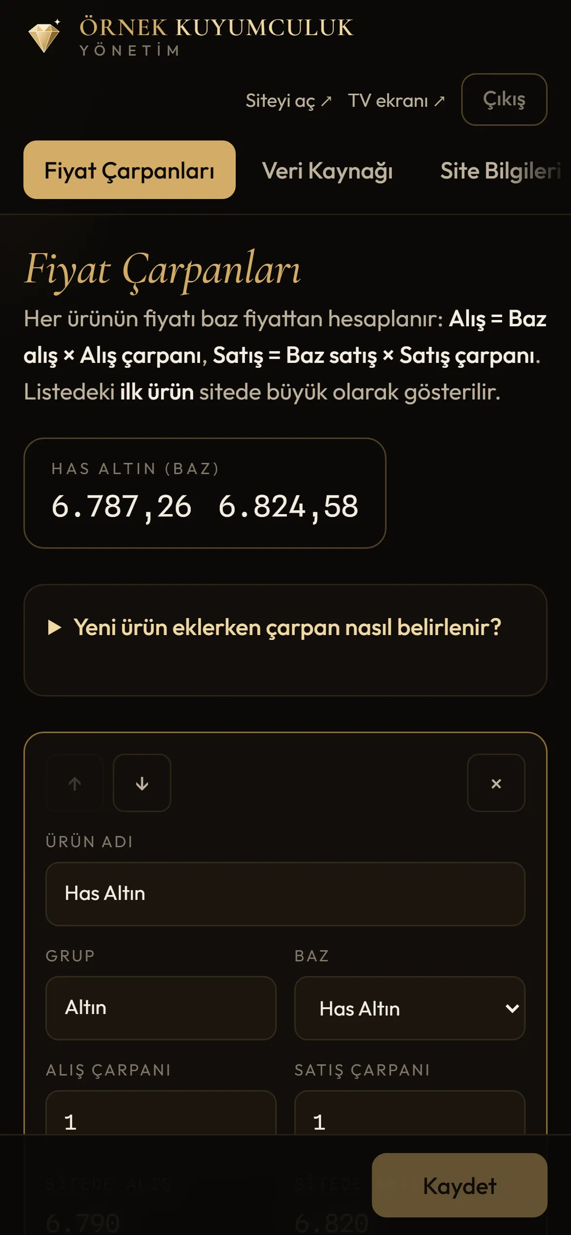 Telefondan yönetim paneli: fiyat çarpanları ekranı